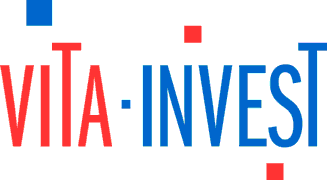 Das Logo Vitainvest in Blau und Rot mit Quadraten